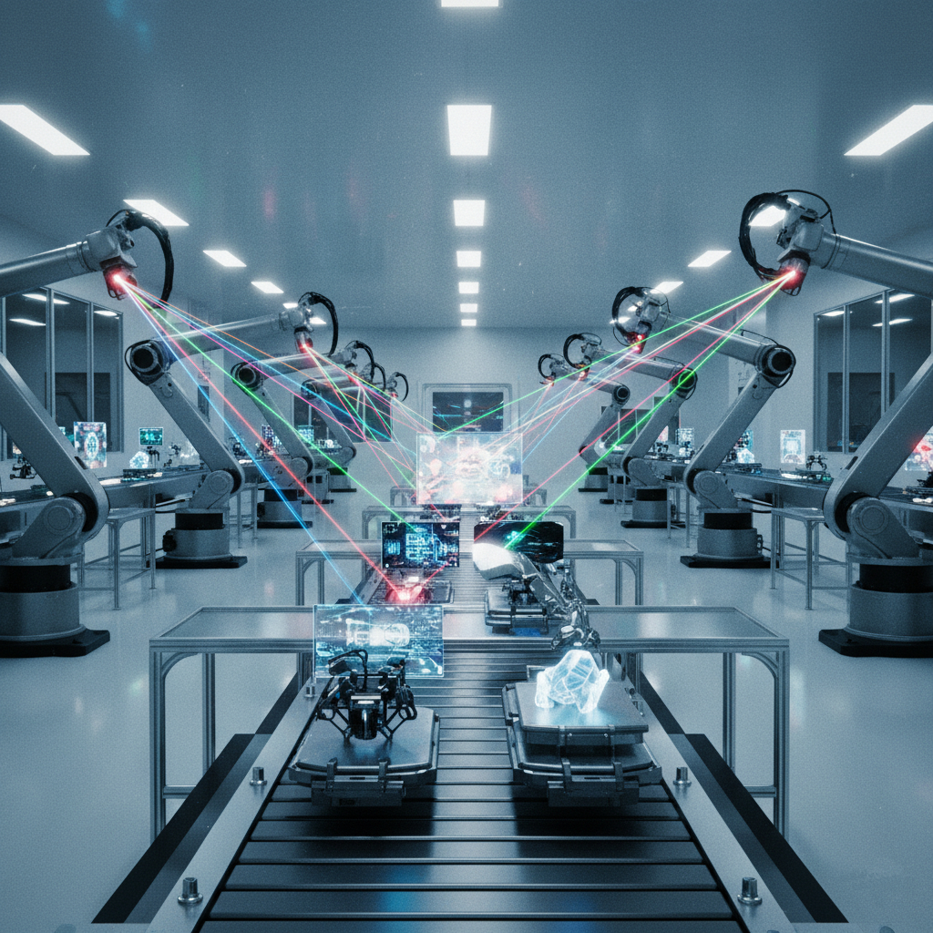 An Ammano Manufacturing hub fabricating a consumer product with beams of light